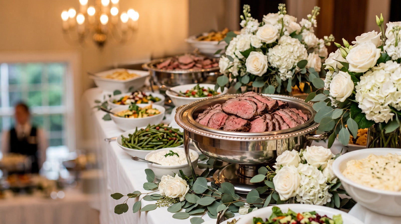 Assorted canapés, cupcakes and sliders arranged on a catering buffet